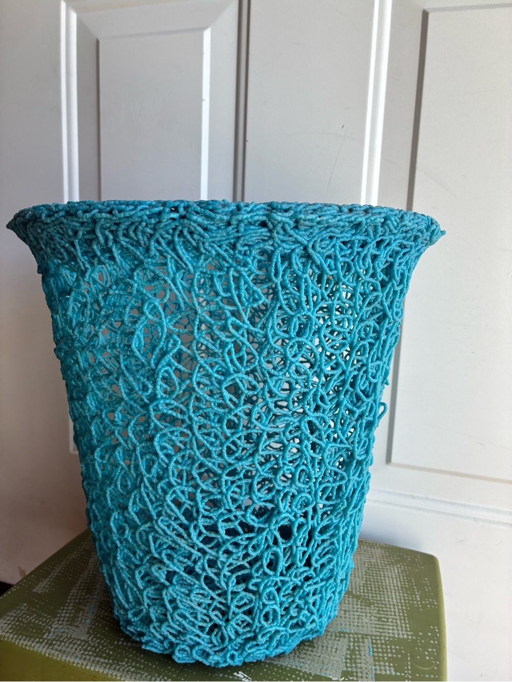 Vintage turquoise woven waste basket